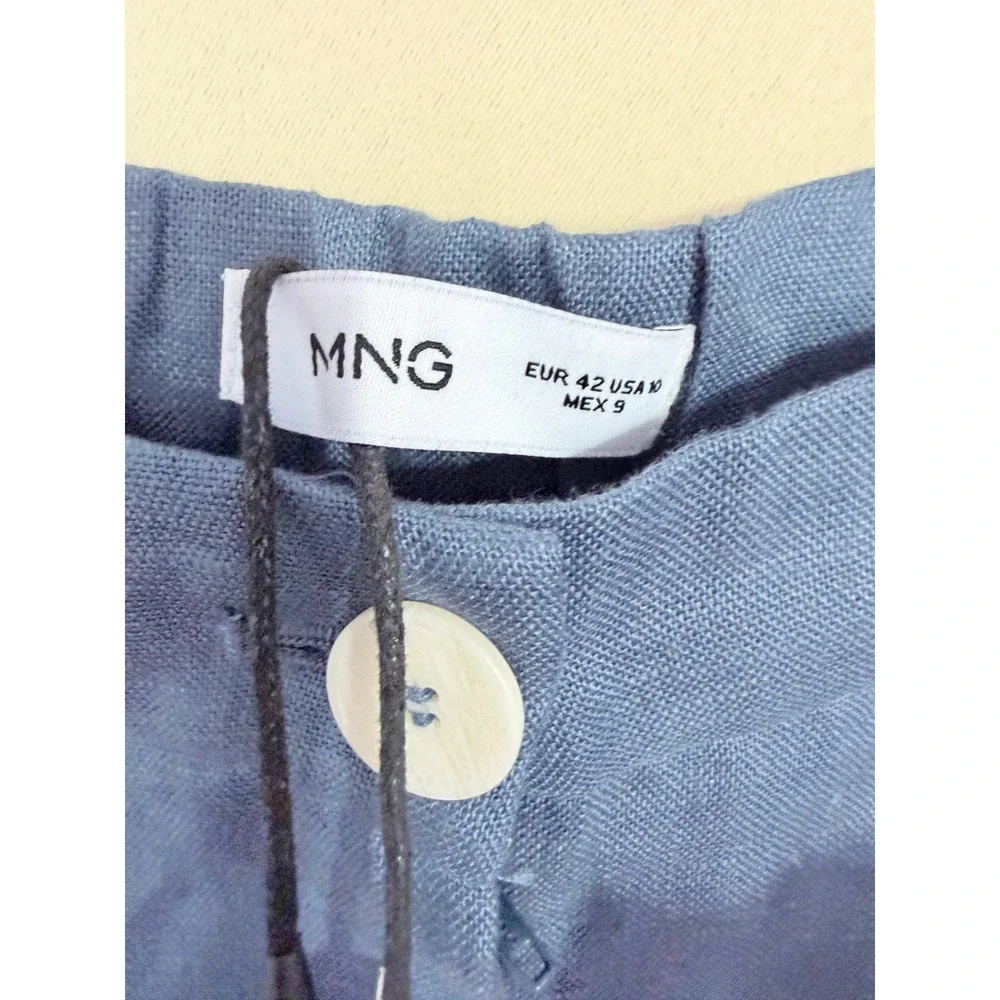 Mango Trousers Women Size 10 Blue Bruno Linen Pleated Straight Leg Pants NEW